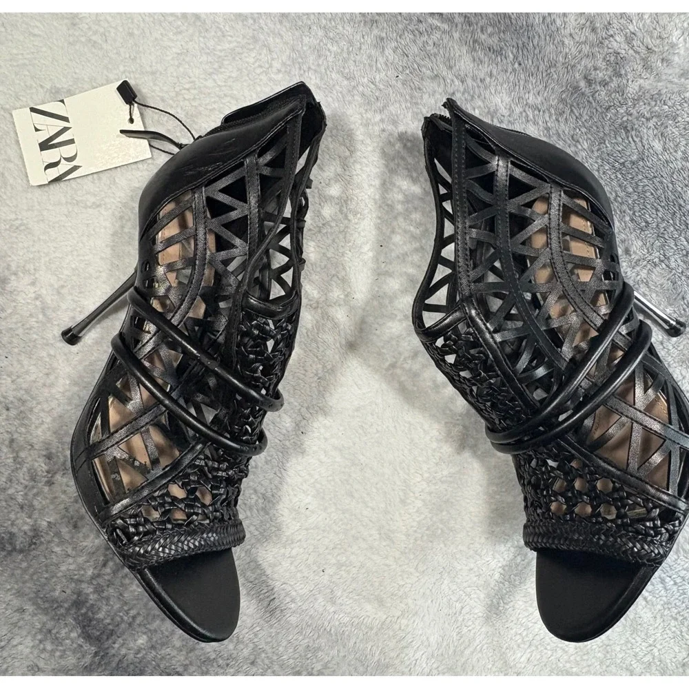 Zara Black Cage Cutout Woven Geometric Stiletto Heel Sandals 38 7.5 NEW - Picture 4 of 14